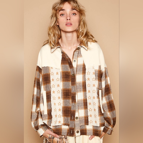 POL Shacket Star Plaid Bohemian Patchwork Exposed Raw Fray Seam Oversized Jacket - Picture 3 of 12